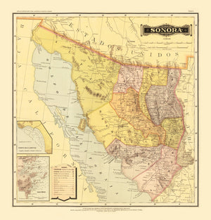 Vintage Map of Sonora Mexico, 1886