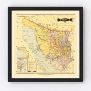 Vintage Map of Sonora Mexico, 1886