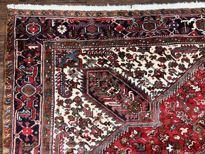 Large Persian Heriz Rug 10x13, Wool Hand Knotted Antique Carpet, Red and Ivory, Geometric Tribal Room Sized Rug, Decorative Oriental Rug