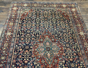 Persian Rug 4x7 Antique Sarouk Farahan Carpet, Navy Blue and Red Wool Rug
