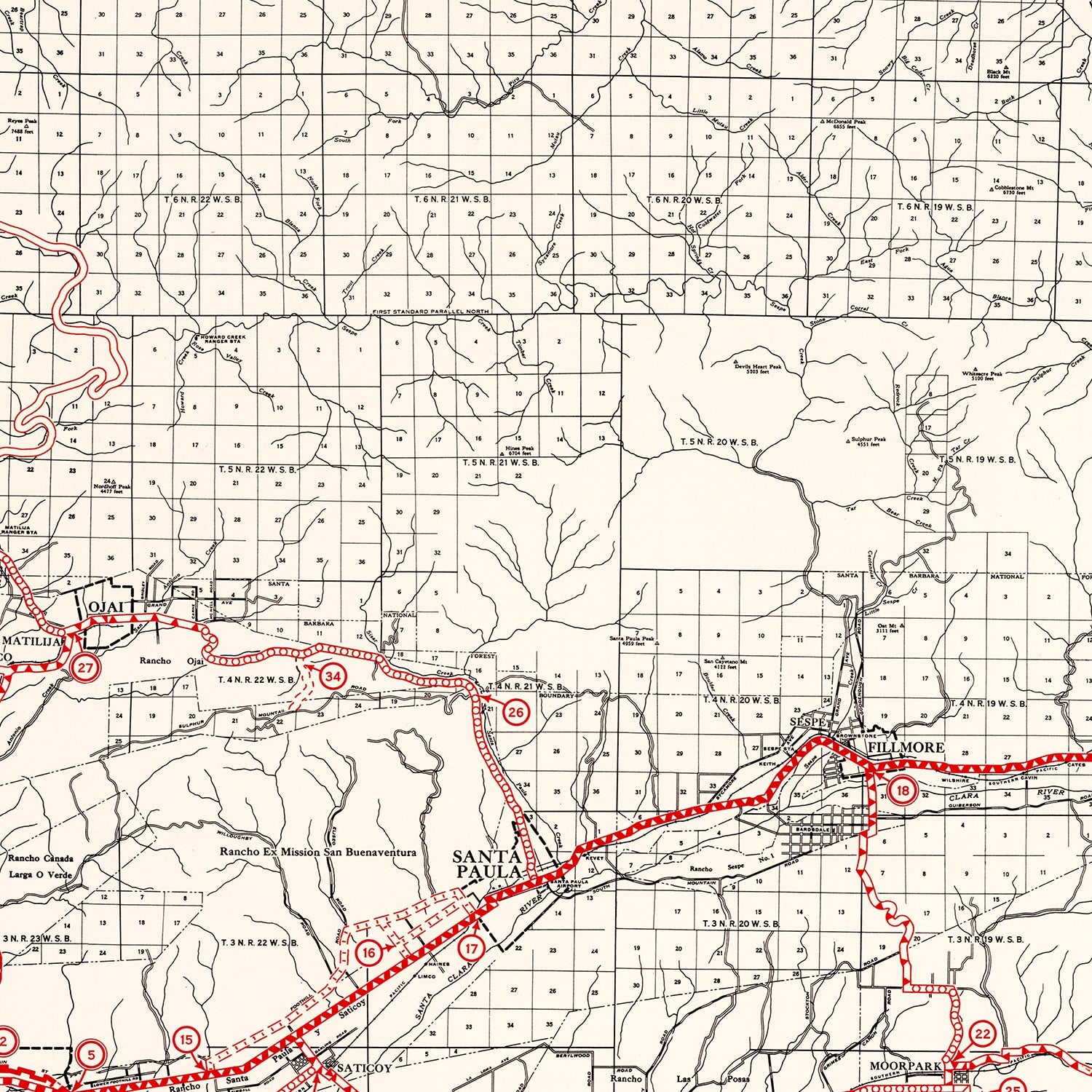 Vintage Map of Ventura County, California 1935