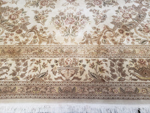 Sino Persian Rug 8x11, Ivory Floral Carpet, Vintage Wool Rug, Elegant Dining Room Rug, Hand Knotted Oriental Rug