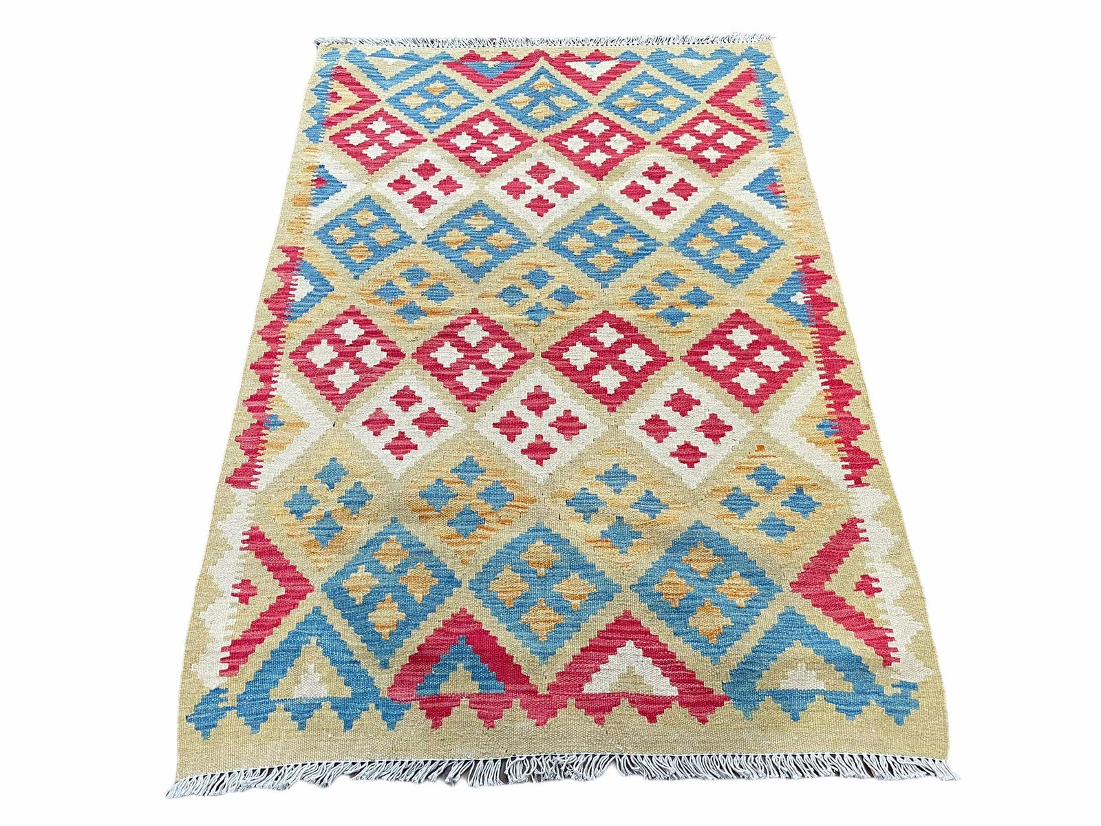 3x5 Kilim Rug Multicolor Tribal Kilim Rug 3 x 5 Tan Light Blue Red Beige New Turkish Anatolian Wool Kilim Flatweave Rug