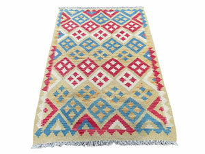 3x5 Kilim Rug Multicolor Tribal Kilim Rug 3 x 5 Tan Light Blue Red Beige New Turkish Anatolian Wool Kilim Flatweave Rug