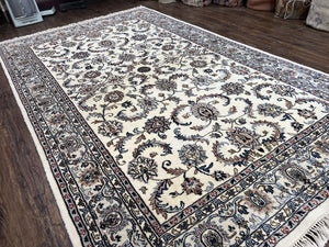 Indian Rug 5.7 x 9, Vintage Oriental Carpet, Handmade Hand Knotted Wool Rug, Living Room Rug, Bedroom Rug, Ivory and Gray, Allover Floral