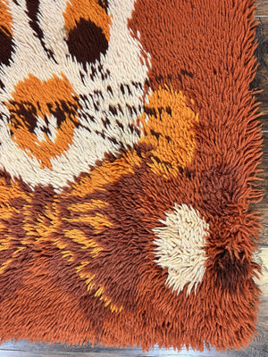 Rya Shag Rug 2x4, Rabbit in Top Hat, Wool, Orange, Vintage 1960s Danish Shag Rug