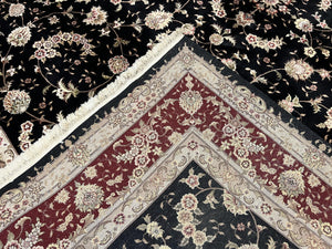 Sino Persian Rug 9x12, High Quality Oriental Carpet, Black and Maroon, Wool and Silk, Allover Floral Pattern, Hand Knotted, Vintage Rug Nice