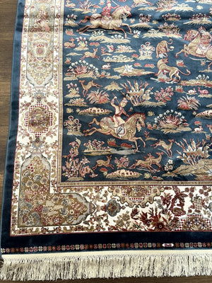 Turkish Silk Hunting Design Rug 4x6, Dark Steel Blue & Ivory, Bamboo Silk, New