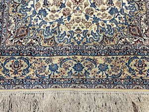 Persian Isfahan Rug 5x8, Kork Wool on Silk Foundation, 440 KPSI, Handmade Vintage Carpet, Floral Medallion Oriental Rug, Ivory & Blue, Very Fine