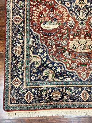 Pak Persian Rug 5x7, Wool Hand Knotted Vintage Carpet, Floral Medallion Rug, Brick Red & Navy Blue, Fine Weave, Medium Sized Rug