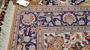 Vintage Persian Qum Silk Rug 4.6 x 6.7, Burnt Orange and Navy Blue, Antique Oriental Very Fine Signature Master Weaver 350+ KPSI Ghom Qom 5x7 Rug