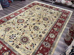 Indo Persian Mahal Rug 8x12, Wool Hand Knotted Oriental Carpet, Light Gold and Burgundy, Floral Allover, Vintage Room Sized Area Rug 8 x 12