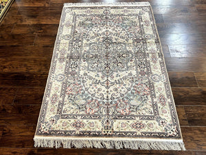 Silk Indian Kashmiri Rug 4x6, Handmade, Ivory, Fine 240 KPSI