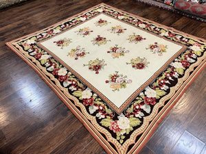 Portuguese Needlepoint Rug 8x9, Vintage Rug 8 x 9 ft, Ivory Dark Brown Hand-Woven Wool Portuguese Carpet, European Rug