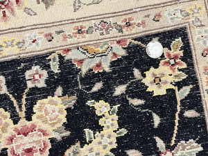Sino Persian Short Runner Rug 2.7 x 6, Wool and Silk Highlights Black and Beige Handmade Vintage Floral Allover Oriental Carpet, Hallway Rug