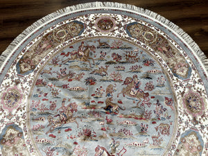 Round Silk Rug 6x6, Hunting Design, Bamboo Silk, Animal Pictorials