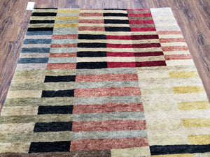 Modern Tibetan Rug 4' x 5' 9", Medium Sized Abstract Handmade Carpet, Hand-Knotted Soft Pile Wool Rug, Multicolor Contemporary Rug, Colorful