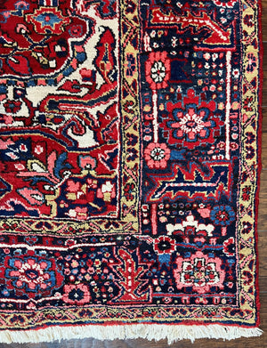 Persian Heriz Rug 8x12, Vintage Geometric Medallion Carpet, Semi Antique Wool Handmade Room Sized Oriental Rug 8 x 12, Red Dark Blue Ivory