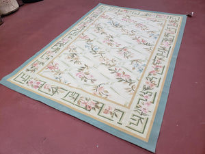 Vintage Aubusson Area Rug, Aubusson Flat weave Carpet, Floral Geometric Pattern, Beige Teal Green, 4x6 Rug, European Design