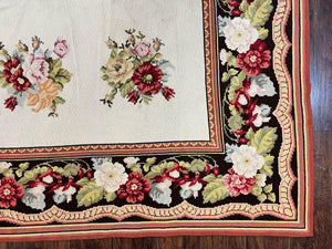 Portuguese Needlepoint Rug 8x9, Vintage Rug 8 x 9 ft, Ivory Dark Brown Hand-Woven Wool Portuguese Carpet, European Rug