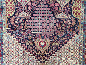 Antique Persian Tehran Rug 5x8, Midnight Blue and Red, Hand-Knotted, Wool