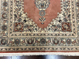 Indo Persian Rug 6x9, Semi Open Field Medallion Rug, Vintage Hand Knotted Wool Oriental Carpet, Traditional Rug, Light Pink, Medium Size