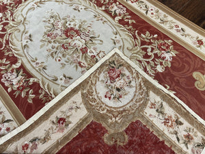 Aubusson Needlepoint Rug 5x8, Red Ivory Tan, Vintage Needlepoint Carpet 5 x 8 ft, Handmade Hand woven Wool, French European, Medium Size Rug