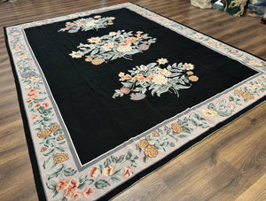 Black Needlepoint Rug 8x11 with Multicolor Flowers, Vintage Carpet