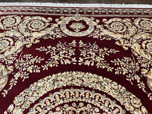 Aubusson Rug 9x12, Wool Handmade Carpet, Elegant French European Design, Dark Maroon Red, 9 x 12 Room Sized Rug, Finely Hand Knotted