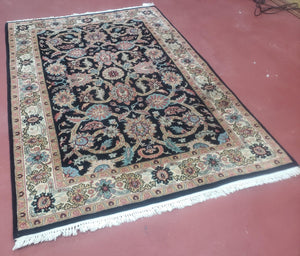 Vintage Indo Persian Mahal Area Rug 4x6, Wool Hand-Knotted Midnight Blue & Ivory Floral Design Indian Carpet, 4 x 6 Traditional Oriental Rug