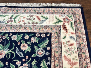 Indo Persian Rug 9x12, Wool Hand Knotted Vintage Carpet, Navy Blue & Ivory, Floral Allover Oriental Rug, 9 x 12 Room Sized Traditional Rug