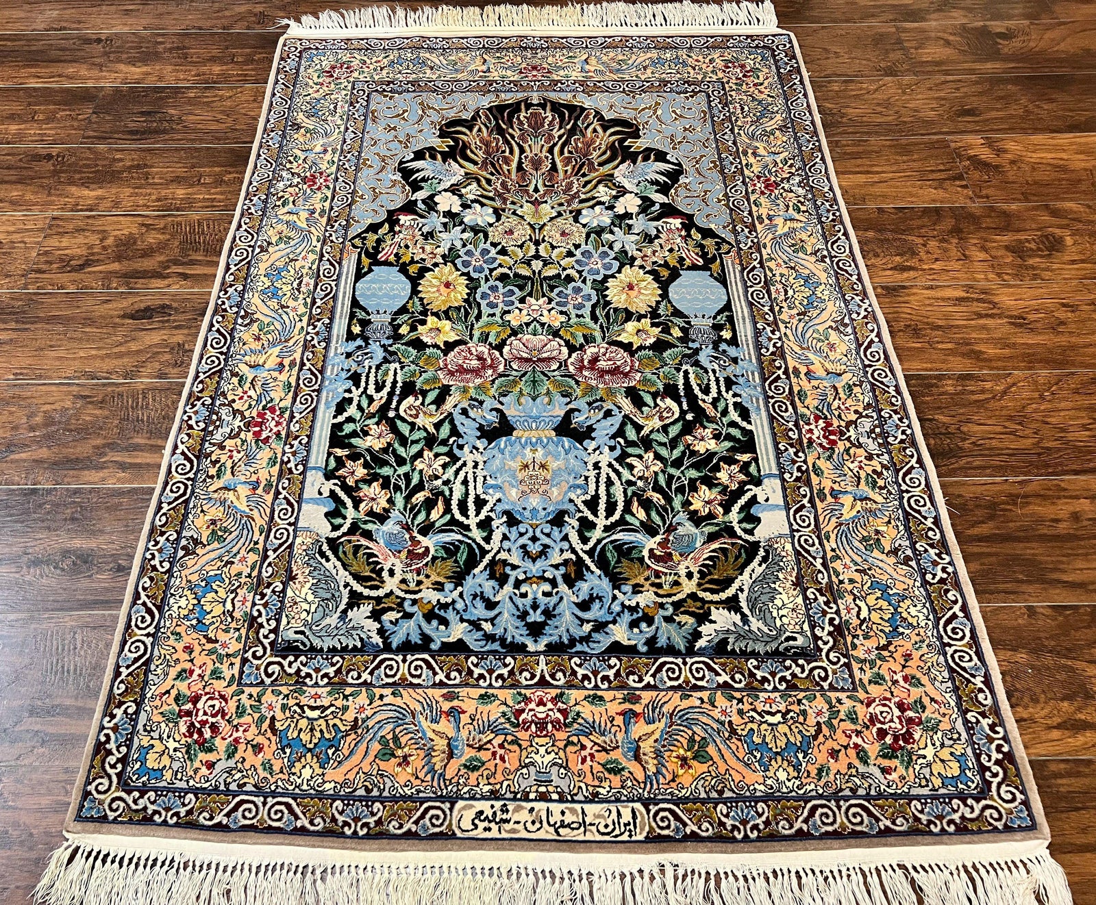 Wonderful Persian Isfahan Rug 3.7 x 5, Kork Wool on Silk Foundation, Very Fine 460 KPSI, Tree of Life Persian Vase Design Animal Pictorials Peacocks