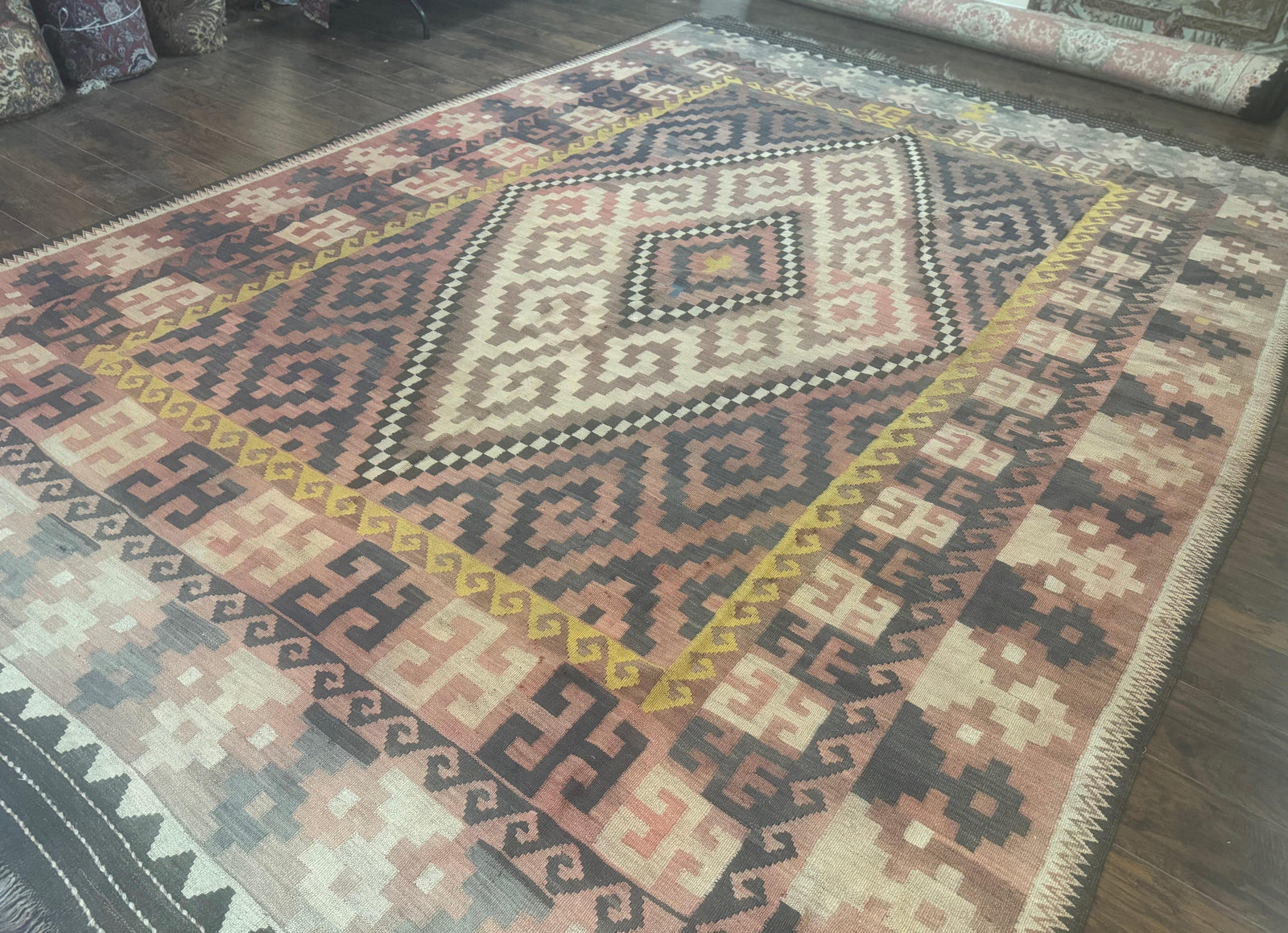 Antique Persian Tribal Kilim Rug 9x12, Zig Zag Pattern Kilim, Zarand Rug, Wool, Earth Tone Colors