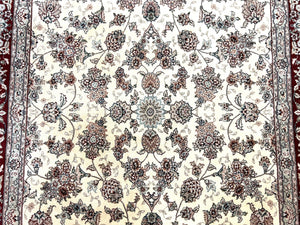 Pak Persian Rug 6x9, Floral Allover Carpet 6 x 9 ft, Cream and Maroon Hand Knotted Wool and Silk Fine Oriental Rug, Traditional Vintage Rug