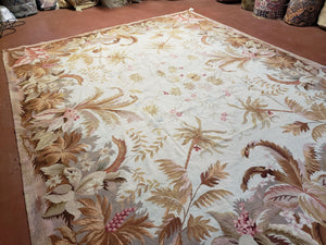 7' 7" x 9' 8" Needlepoint Rug Floral Beige Flat Weave Carpet 8x10 Handmade New Area Rug