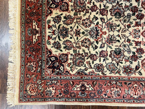 Sino Persian Rug 3x6, Short Runner Rug, Floral Medallion, Beige and Salmon Red, Wool Vintage Hand Knotted Fine Oriental Carpet 3 x 6 ft