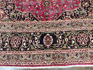 Persian Rug 10x13, Wool Hand Knotted Antique Kashmar Carpet, Raspberry Red & Navy Blue, Floral Medallion, Traditional Oriental Rug 10 x 13
