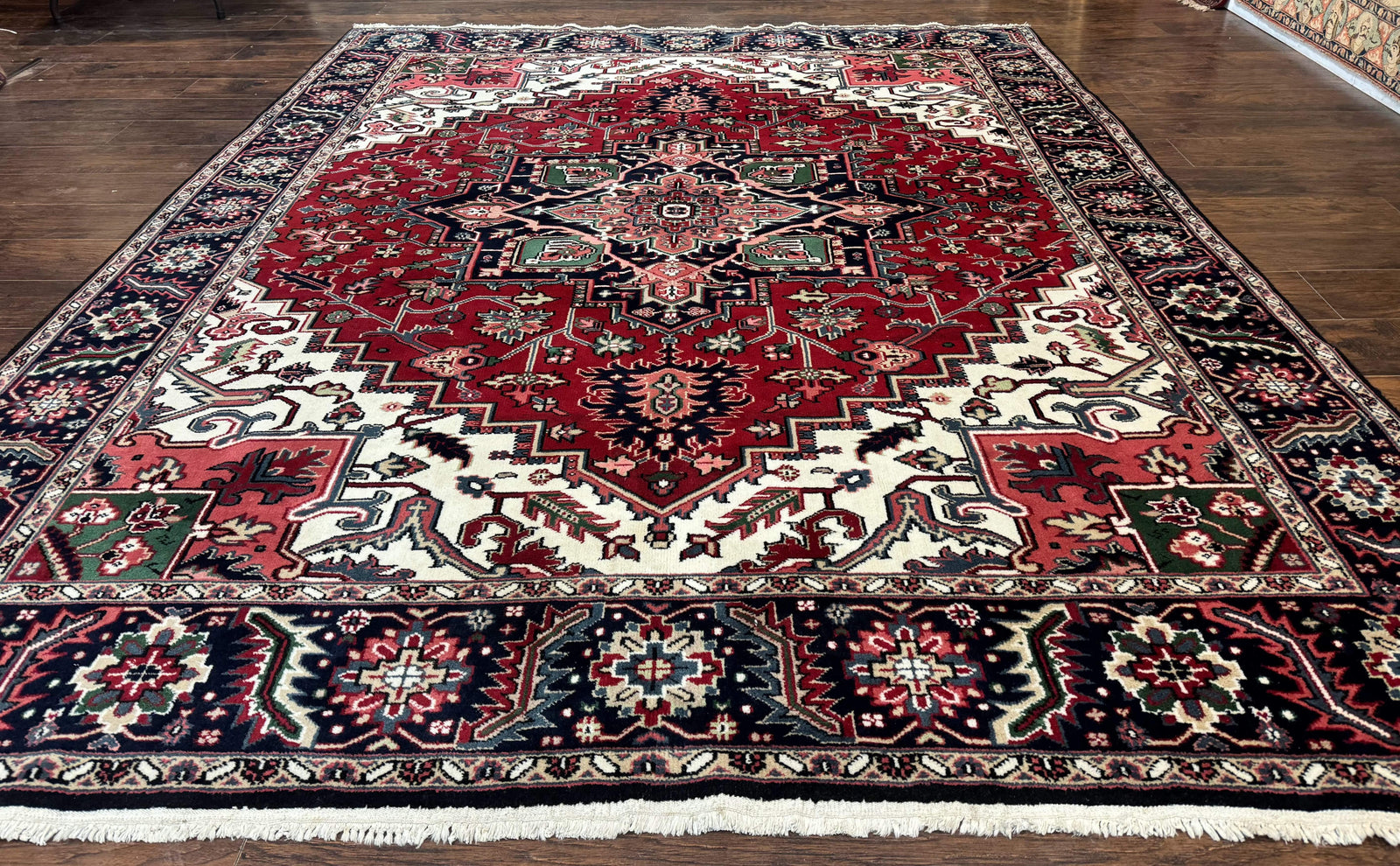 Indo Persian Heriz Rug 8x10, Geometric Medallion, Brick Red Ivory Navy Blue, Room Sized Heriz Carpet, Wool Rug