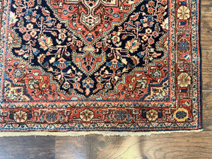 Persian Sarouk Rug 3.6 x 5, Medallion Rug, Red and Midnight Blue, Handmade Semi Antique Vintage Wool Carpet