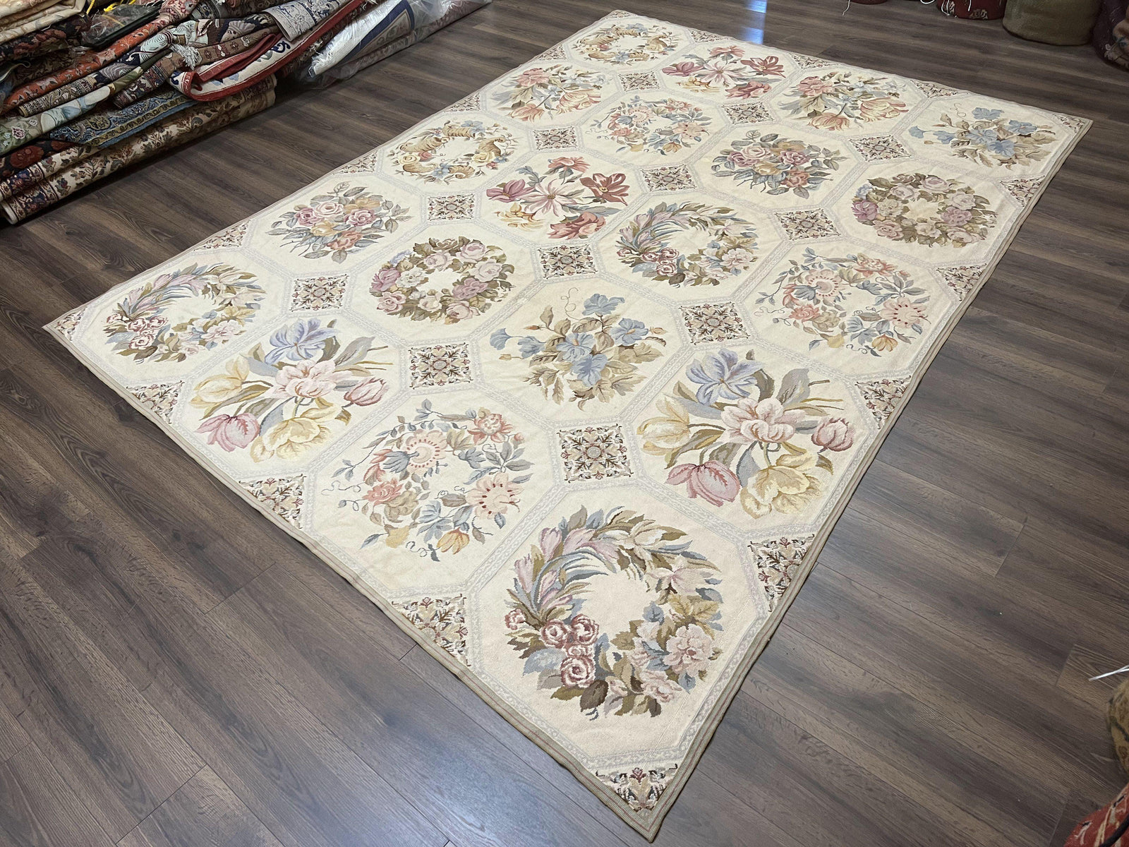 Vintage Needlepoint Rug 8x11, Floral Panel Design, Flatweave Handmade Needlepoint Carpet 8 x 11, Room Size Wool Needlepoint Rug, Cream Color