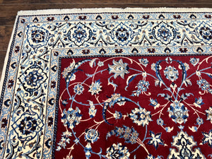 Persian Nain Rug 6x10, Wool and Silk Highlights, Red and Ivory, Floral Medallion, Vintage Handmade Hand Knotted, Fine 225 KPSI, Traditional Rug