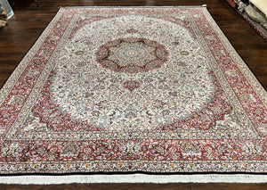Silk Indian Kashmiri Rug 9 x 11 ft, Room Sized Silk Vintage Indo Persian Handmade Hand Knotted Fine Oriental Carpet, Ivory and Maroon