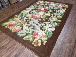 Floral Needlepoint Rug, Medium Rug, Vintage Area Rug, Handmade Flat Weave Rug, Dark Brown Rug, Multicolor Large Colorful Flowers, 6x8