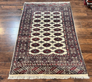 Pakistani Bokhara Rug 4x6, Turkoman Carpet, Vintage Handmade Wool Rug, Ivory