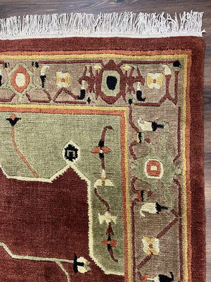 Tibetan Rug 7x10, Geometric Medallion, Red Green Taupe, Hand Knotted, Soft Wool Area Rug, Contemporary Carpet, Handmade Nepali Rug 7 x 10 ft