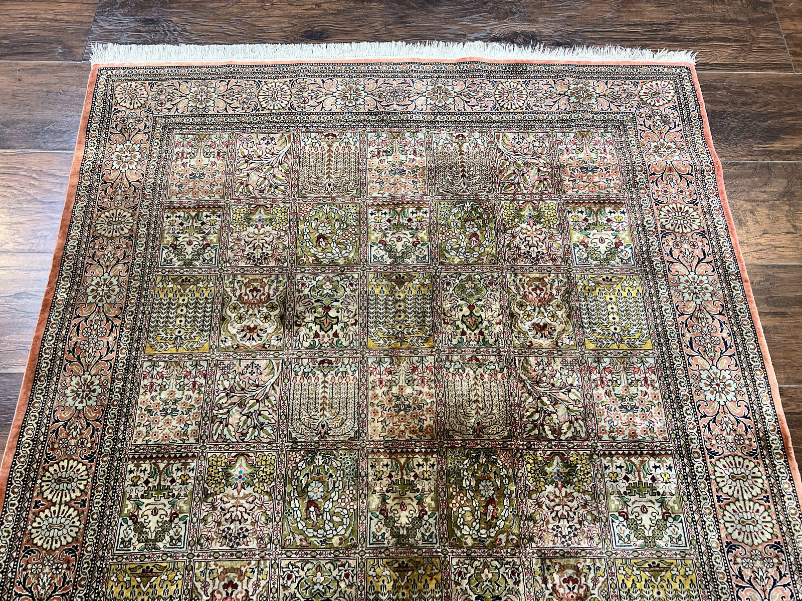 Magnificent Persian Silk Rug 3.7 x 5, Persian Qum Rug, Panel Design, Kheshti Garden, Extremely Fine 650 KPSI - 70 Raj, Hand Knotted, Vintage, Multicolor