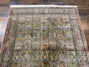 Magnificent Persian Silk Rug 3.7 x 5, Persian Qum Rug, Panel Design, Kheshti Garden, Extremely Fine 650 KPSI - 70 Raj, Hand Knotted, Vintage, Multicolor