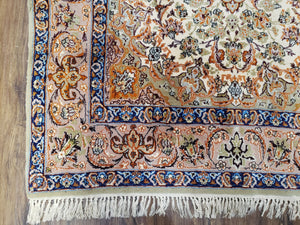 Vintage Persian Isfahan Lachak Toranj Rug, Highly Detailed, Kork Wool on Silk Foundation, Beige and Dark Blue, Hand-Knotted, 3'6" x 5' 4"