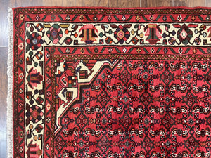 Persian Tribal Rug 7x10, Wool Handmade Semi Antique Vintage Hamadan Dargazine Carpet, Red & Ivory Allover Floral Medallion Rug, 7 x 10 Room Sized Oriental Rug