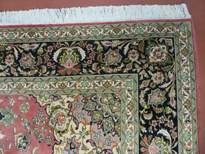 Persian Tabriz Rug 7x10, Floral Medallion Finely Hand Knotted Vintage Authentic Oriental Carpet 7 x 10, Salmon Color, 400 KPSI Elegant, Wool & Silk